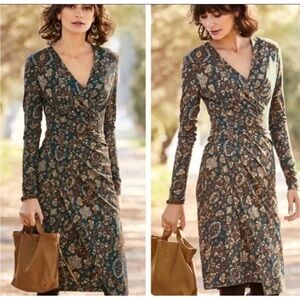 Peruvian Connection Ariana Dress Womens Medium Faux Wrap Stretch Midi Persian